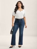 Textured Gathered Sleeve Split Neck Blouse - Image 34