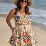 Floral Surplice Neckline Pockets Swim Dress