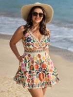 Floral Surplice Neckline Pockets Swim Dress