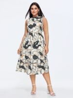 Floral Geometric Print Ruched Pockets Midi Dress