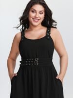 Wide Straps Belted Buckle Detail Midi Dress - Image 2
