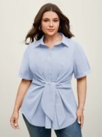 Knotted Front Asymmetrical Hem Blouse - Image 27