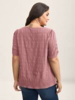 Textured Gathered Sleeve Split Neck Blouse - Image 31