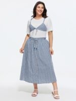 Cotton Checkered Print Shirred Drawstring Waist Maxi Skirt - Image 2