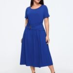 Pleated Buckle Waist Round Neck Midi Dress