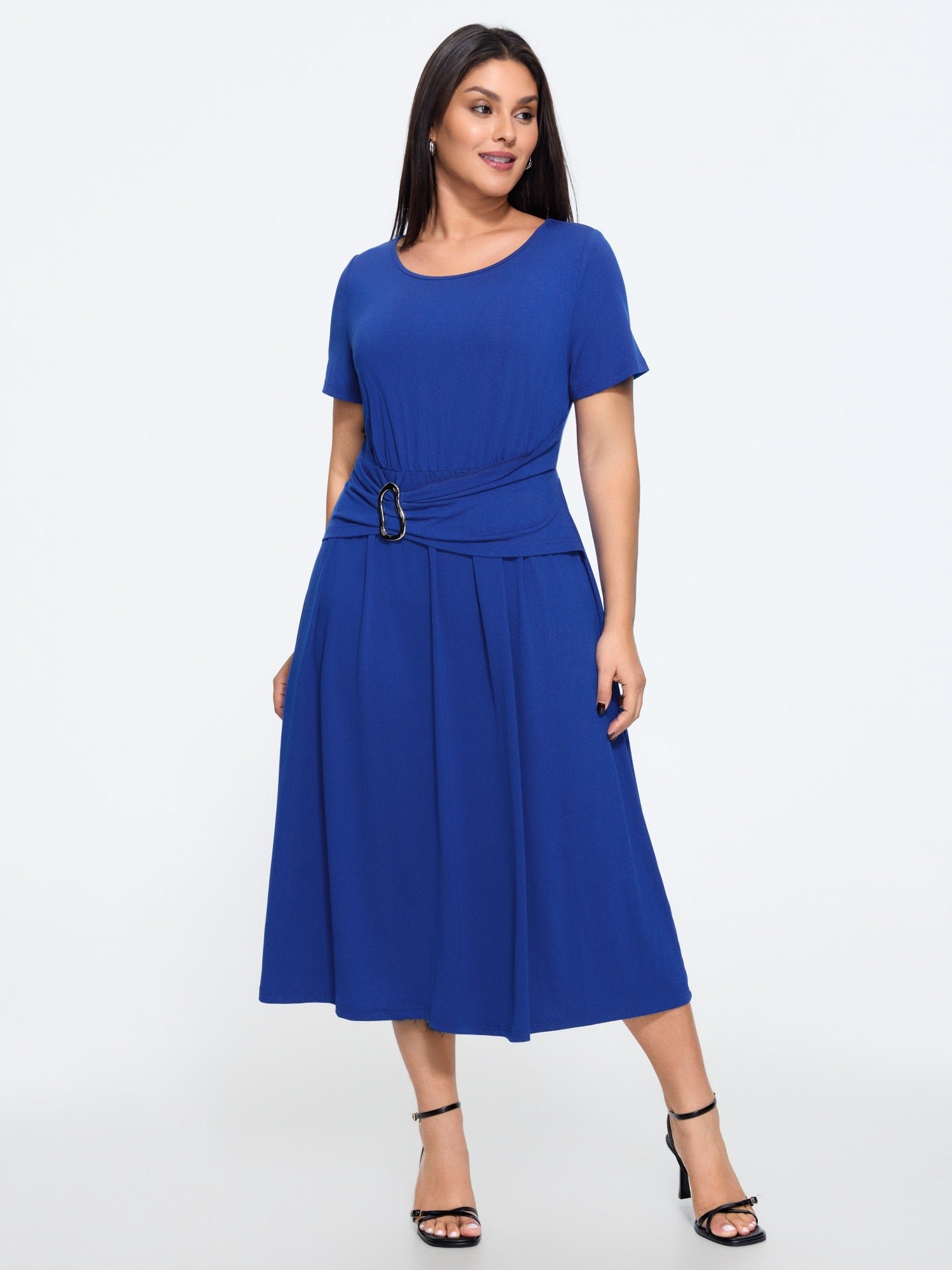 1783662805394_609f43-1.jpg Pleated Buckle Waist Round Neck Midi Dress - Image 1