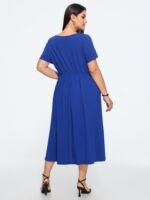 Pleated Buckle Waist Round Neck Midi Dress - Image 3