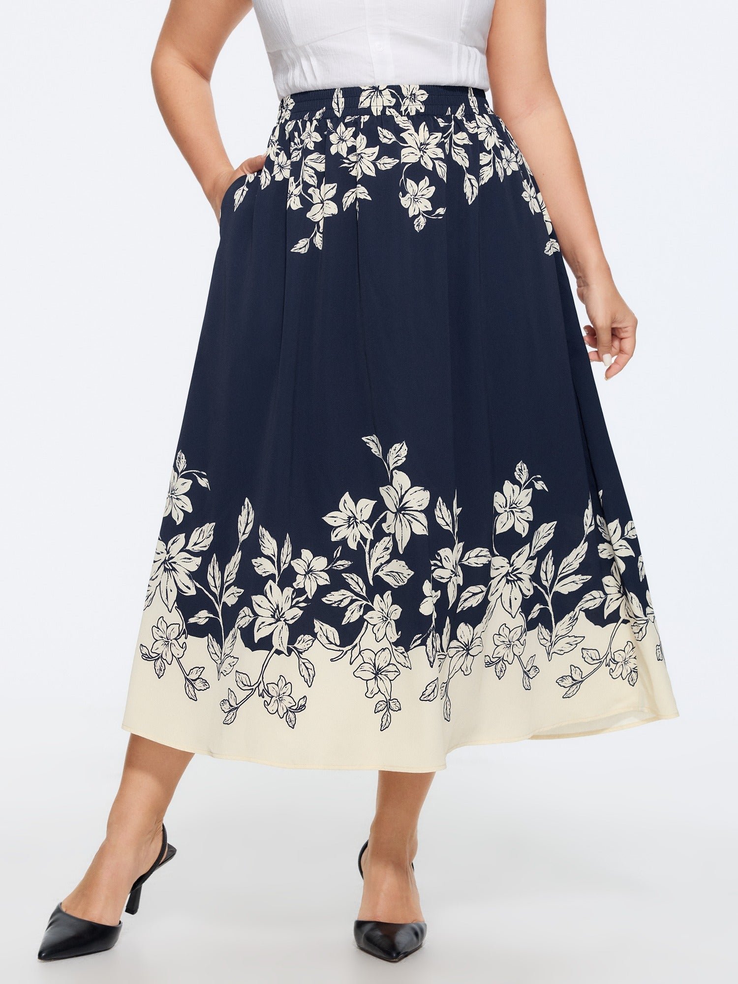 1783935532134_5bdb0f.jpg Floral Print Elastic Waist Pocket Midi Skirt - Image 1
