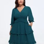 Textured V Neck Ruffle Sleeve Tiered Mini Dress