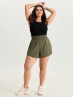 Stretchy Curvy Hem Shirred Waistband Shorts - Image 11