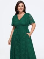 Textured V Neck Shirred Waist Pocket Midi Dress - Image 3