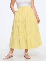 Cotton Eyelet Patchwork Tiered Midi Skirt