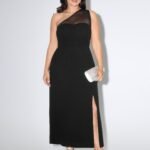 Solid One Shoulder Mesh Sheer Slit Maxi Dress