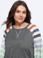 Supersoft Colorful Striped Sleeve Criss‑Cross Stitch Sweatshirt - Image 2
