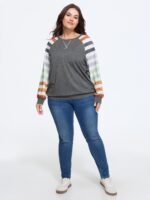 Supersoft Colorful Striped Sleeve Criss‑Cross Stitch Sweatshirt - Image 4