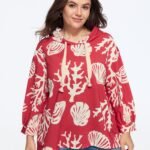 Coral Shell Print Drawstring Hooded Sweatshirt