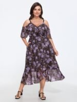 Floral Burnout Textured Chiffon High Low Hem Midi Dress