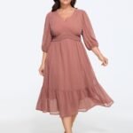 Textured Shirred Waist Ruffle Chiffon Midi Dress