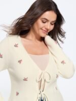 Floral Embroidery Tie Front Knit Cardigan - Image 2