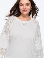 Solid Sheer Lace Patchwork Crew Neck Sweatshirt - Image 2