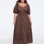Cotton Puff Sleeve Shirred Waist Tiered Maxi Dress