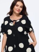 Cotton Polka Dot Print V Neck Tie Sleeve Mini Dress - Image 2