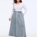 Drawstring Elastic Waist Washed Denim Midi Skirt