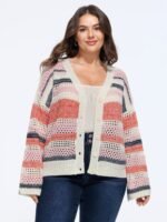 V Neck Striped Cut Out Button Down Cardigan