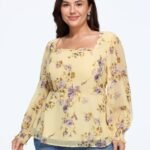 Square Neck Floral Print Ruffle Chiffon Blouse