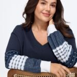 Cotton V Neck Patchwork Long Sleeve Sweatshirt