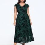 Flocking Floral Flutter Sleeve Ruffle Side Midi Dress