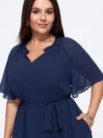 Plain Flutter Sleeve Tie Waist Chiffon Midi Dress - Image 2