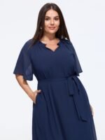 Plain Flutter Sleeve Tie Waist Chiffon Midi Dress - Image 4