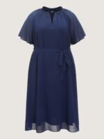 Plain Flutter Sleeve Tie Waist Chiffon Midi Dress - Image 8