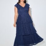 Lace Mesh Flutter Sleeve Ruffle Layered Maxi Dress