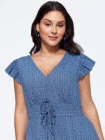 Textured V‑Neck Ruffle Sleeve Shirred Waist Midi Dress - Image 2