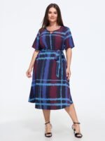 Tie‑Dye Plaid Print Belted Midi Dress