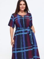 Tie‑Dye Plaid Print Belted Midi Dress - Image 4