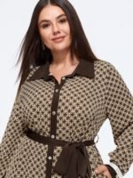 Geometric Print Self‑Tie Waist Contrast Trim Midi Dress - Image 2