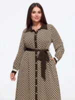 Geometric Print Self‑Tie Waist Contrast Trim Midi Dress - Image 4