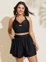 High Waisted Pockets Solid Pleated Swim Shorts - Image 2