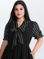 Striped Ribbon Neckline Contrast Midi Dress - Image 2