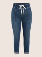 Pull-On Drawstring Folded Hem Boyfriend Jeans - Image 25