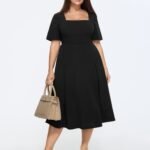 Classic Square Neckline Plain Midi Dress