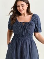 Striped Drawstring Neckline Split Hem Midi Dress - Image 2