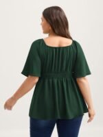 Stretchy Neckline Waist-Cinched Solid Blouse - Image 11