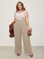 Solid Elastic Waist Pleated Wide Leg Pants - Image 10