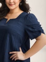 Textured Gathered Sleeve Split Neck Blouse - Image 10