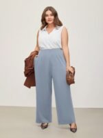 Solid Elastic Waist Pleated Wide Leg Pants - Image 20