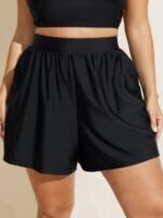 High Waisted Pockets Solid Pleated Swim Shorts